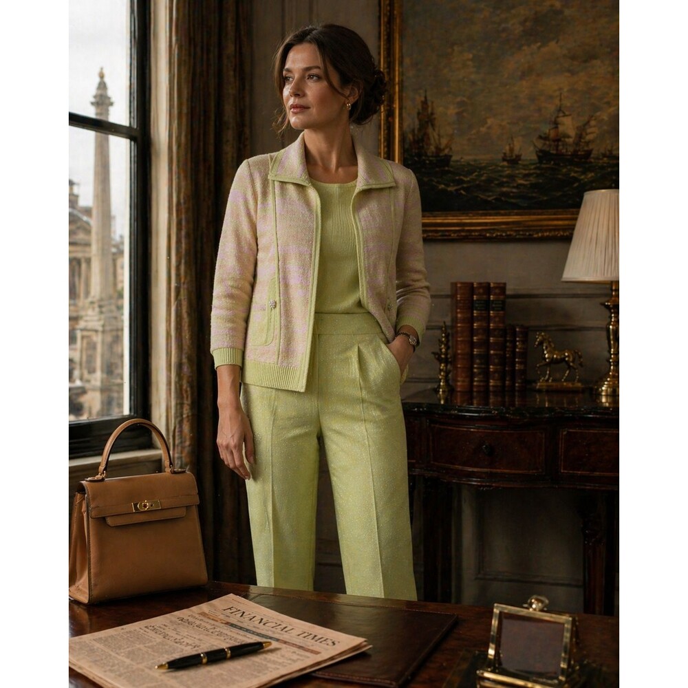 Ming Wang 3 Piece Set Size M Cardigan Tank Pants Business Old Money Metallic